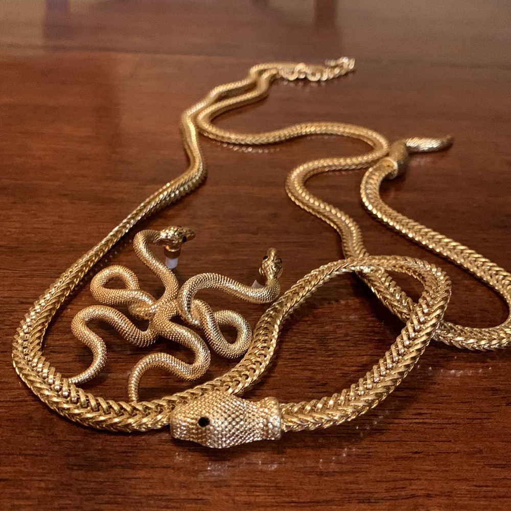 Gold platted Snake Jewelry Set long necklace and earrings, must have!